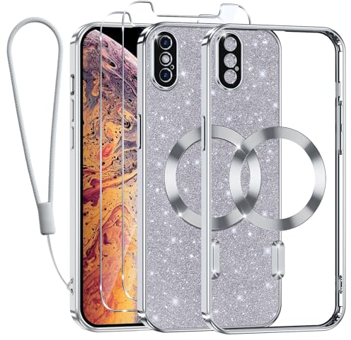 Kokio Handykette für iPhone XS Max Hülle Glitzer, [Kompatibel mit MagSafe] Magnetisch Handyhülle für iPhone XS Max mit 2 Stück Schutzfolie Stoßfeste Silikon TPU Schutzhülle, Silber