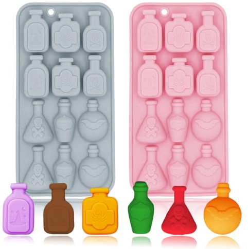 2 Pack 3D Apothecary Potion Bottle Silicone Molds 12 Cavity Halloween Themed Baking Mould Tray DIY Baking Tool for Chocolate Cake Dessert Candy Mousse Pastry Handmade Soap Crayons Cupcake Topper