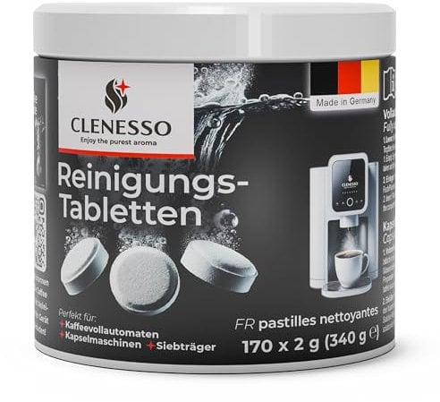 CLENESSO Reinigungstabletten Kaffeevollautomaten (170 Stück) – Kaffeevollautomat Reinigungstabletten kompatibel mit Siemens EQ Series, Jura, Krups, Sage, Melitta, Nivona, Phillips, WMF uvm.