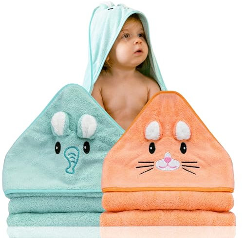 2 Stück Babyhandtuch Mit Kapuze 80x80cm - Erstausstattung Neugeborene - Kapuzenhandtuch Mit Tieren - Badetuch - Bademantel Mit Tieren