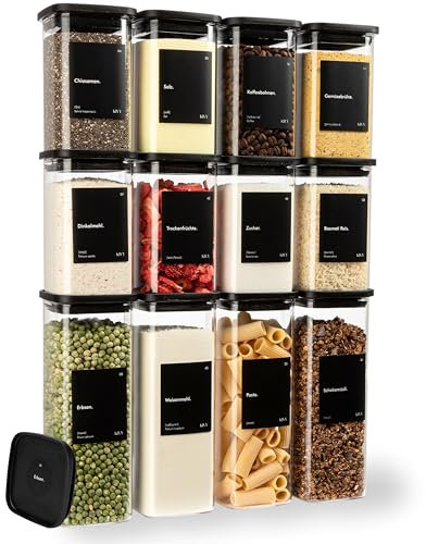 KIVY Vorratsgläser eckig [12er Set] + Etiketten - Stapelbare & Luftdichte Aufbewahrungsgläser mit Deckel - Schwarze Vorratsgläser mit Deckel Luftdicht - Vorratsdosen Glas Aufbewahrung