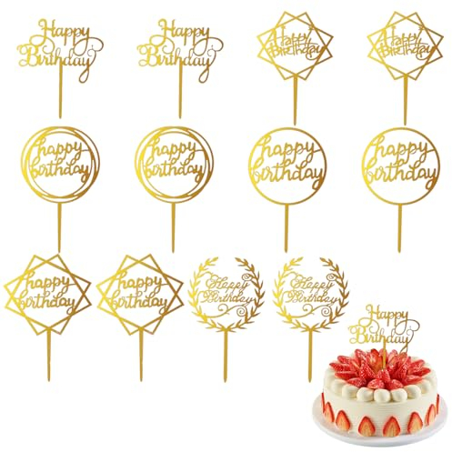 12PCS Happy Birthday Cake Topper, Personalised Cake Topper, Gold Cake Topper, Acrylic Cake Toppers Birthday Personalised for Happy Birthday Decorations