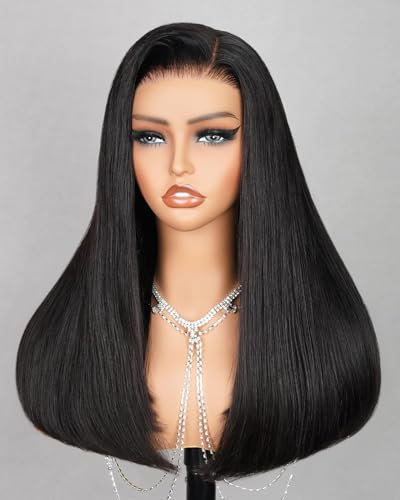MEGALOOK Salon-Quality Ready to Go Glueless Wigs Human Hair 220% Density Pre Cut HD Lace 5x6 Pre Cut Lace Frontal Wig 12A Silky Straight Wig Human Hair Real Pre plucked Bleached Tiny Knots 18 Inch