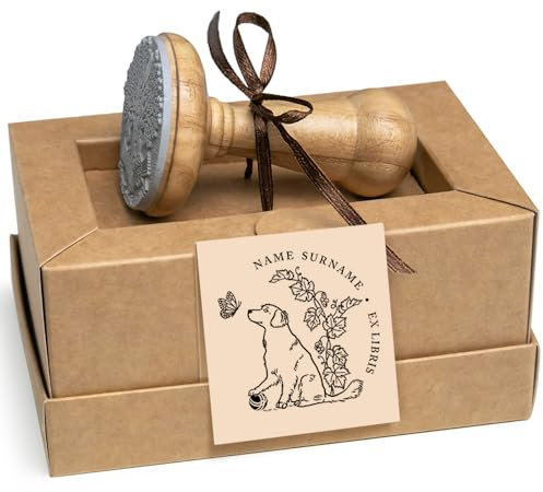 Hund und Schmetterling Ex libris Stempel Personalisiert, Golden Retriever, Geburtstags Herzliche Geschenke für Hundeliebhaber in Spezielle Geschenkbox