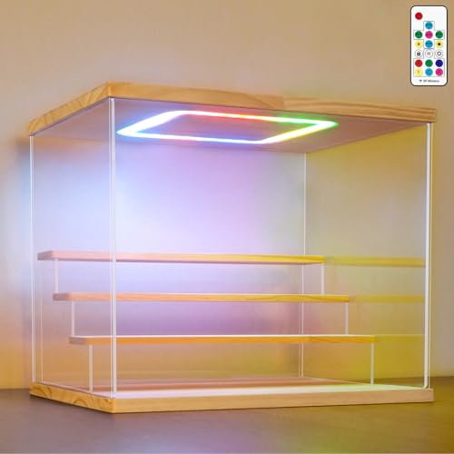 Nonemey Vitrine pour Collection en Acrylique Transparente avec Éclairage LED RVB Télécommandé – Présentoir Anti-Poussière 2/3/4/5/6 Niveaux pour Figurines et Lego (Bois, 4Tier-31.5x24.5x26.5cm)