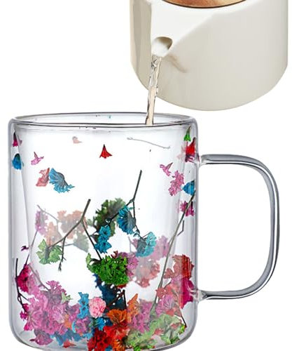 Tazze da caffè in vetro a doppia parete, 250 ml, fiori secchi, bicchieri trasparenti con manici, bicchieri estetici, tazze da caffè latte e cappuccino, per bevande, tè, caffè, acqua, succhi di frutta,