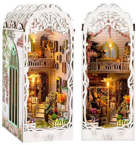 Book Nook Kit Buchstützen, DIY Puppenhäuser Miniatur Haus Kit mit Staubschutzhülle LED-Licht Gartenhaus