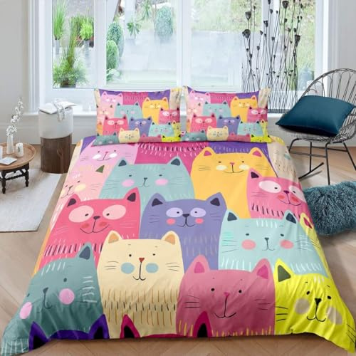 Loussiesd Nette Katzen Bettwäsche 135x200cm Mädchen Kätzchen Drucken Bettbezug Set für Kinder Jungen Buntes Katzenmuster Bettwäsche Set Schöne Tiere Dekor Bettwäsche mit Reißverschluss