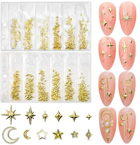 400 Stück Star Nail Charms Gold Sterne Mond Nagel Charms Metall Nieten Strasssteine Nägel Charms Stern Nail Charm Legierung Nail Studs Nageldesign Nagelschmuck Moon Stars Nail Art Charms Nägel Zubehör