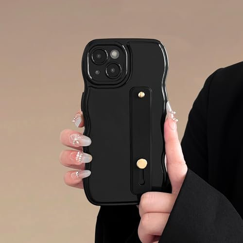 FABSPARK Phone Case for iPhone 14 with Flexible Adjustable Soft Finger Hand Wrist Strap Holder Kickstand,Wave Design Wavy Frame Silicone Aesthetic for iPhone 14 Phone Case,Black