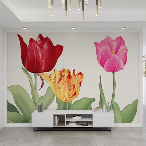 Papier Peint Mural 3D Photos 150X100Cm Peinture Murale Salon Tulipe Aquarelle, Peinture Murale Fleur Rétro Européenne, Tentures Murales En Soie, Convient Pour La Décoration Fond Du Salon Et La Chambre