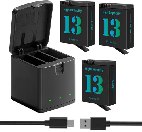 Hero 13 - Set di 3 batterie di ricambio da 2800 mAh, tipo C, a tre canali, compatibile con l'originale (3 batterie + 1 scomparto di ricarica)