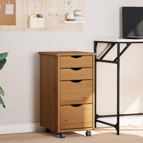 OHOOWOO Rollschrank mit Schubladen Moss Honigbraun Massivholz Kiefer,Geräumiger Rollcontainer aus massivem Kiefernholz für Büro und Zuhause Aufbewahrungsschränke, Schließfächer