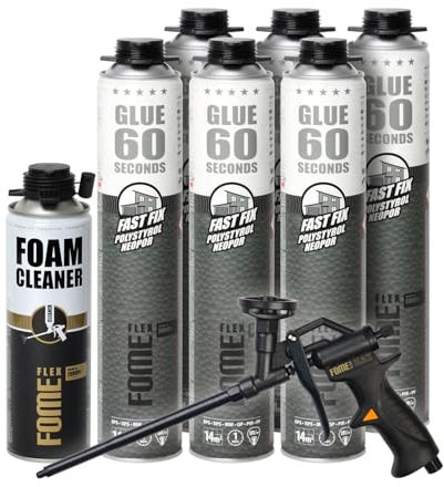 FOME FLEX B2 Dämmstoffkleber für EPS- & XPS-Platten Set [6 x 850 ml] inkl. Schaumpistole mit Teflonbeschichtung und Pistolenreiniger [1 x 500 ml] – Dämmschaum für Profis