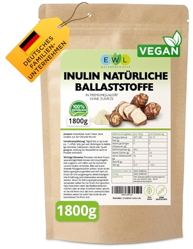 EWL Naturprodukte Inulina 1800 g, Inulina en Polvo procedente de la Raíz de Achicoria, Fibra Dietética en Polvo, controlada y envasada en Alemania, Calidad comprobada en Laboratorio, vegana
