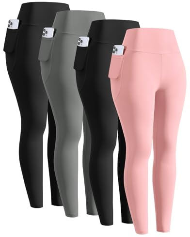 ATTIQOZI 4 Pack Sportleggings Mädchen Lang Mit Handytasche Komfortable Hohe Taille Sporthose Elastisch Yogahose Kompressionsleggins Tanzhose für Jogging Gymnastik Schwarz/Grau/Schwarz/Rosa L