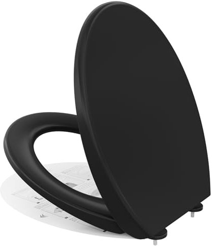 CECIPA Tapa Wc Universal Amortiguada, Asiento Inodoro Negro, Tapa de Vater Ovalada con Cierre Suave, Tapa de WC de Duroplast, Tapa Inodoro Montaje Fácil - Serie DERW