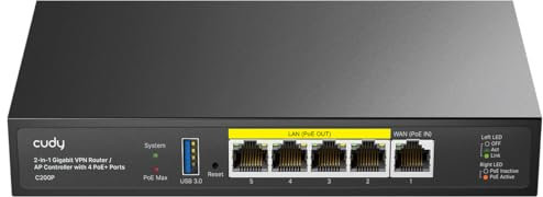 Cudy C200P Hardware AP Controller and VPN Router, PoE or DC Powered, Manage Up to 200 APs, Captive Portal, USB 3.0 Port, Easy and Intelligent Network Monitor & Maintenance