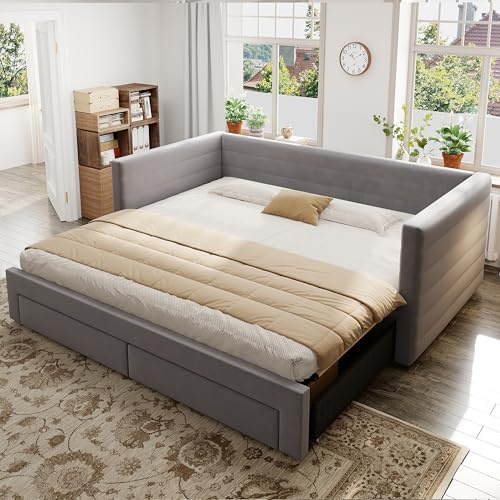 Cama tapizada 3 en 1 sofá cama extensible 90 x 190 cm, cama multifunción con cajones, convertible en cama individual o doble con somier de láminas de algodón y lino (colchón no incluido) (gris)
