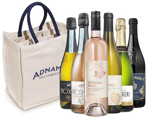 Adnams 6 Bottle Canvas Wine Bag with Wine Selection | Prosecco DOC 75cl | Prosecco Rosé 75cl | Provence Rosé 75cl | White Burgundy 75cl | Champagne Brut 75cl | Primitivo 75cl