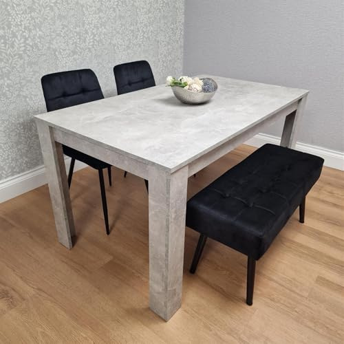 KOSY KOALA Dining Table Set with 2 black Velvet Chairs and black velvet paded Bench, Stone Grey Effect Wood Table
