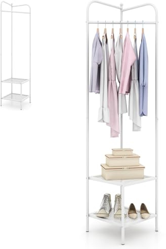 HOMASIS Eck Garderobenständer aus Metall, 3 in 1 Kleiderständer mit Kleiderstange & Schuhregal & Ablagen, freistehende Garderobe Eckgarderobe Flurgarderobe für Flur, Wohnzimmer, Schlafzimmer (Weiß)