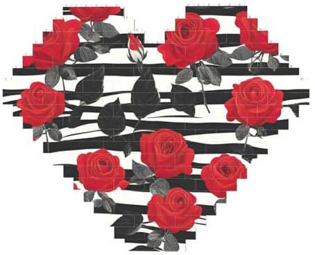 Black White Stripes Red Rose Flowers Print Art Brick Puzzle Heart Shaped DIY Building Blocks Set 3D Jigsaw Home Decor 82 Pieces