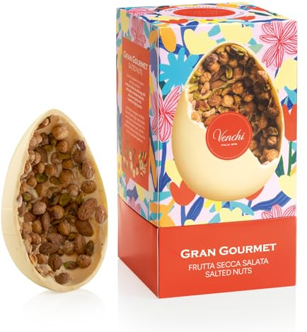 Venchi - Uovo di Cioccolato Gran Gourmet Nocciolato Bianco Salato, 500 Gr, con Nocciole Piemonte IGP, Mandorle e Pistacchi, Senza Glutine, con Sorpresa Pantone, Collezione Pasqua Venchi
