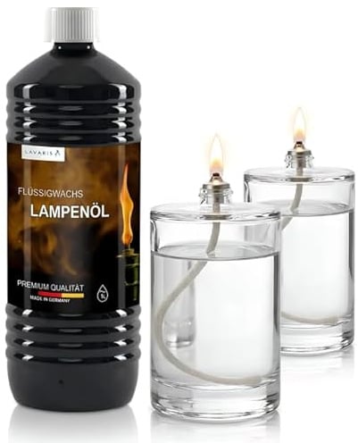 2er Set Öllampen 100 ml + 1L Flüssigwachs – Nachfüllbare Glas Öllampe Set – Geruchsneutral, Rußfrei – Für Bars, Restaurants, Innen & Außen, Tischdeko, Garten, Camping, Notbeleuchtung