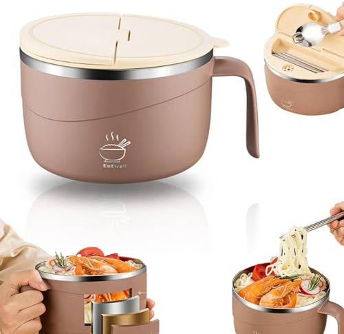 304 Stainless Steel Instant Noodle Bowl with Lid, 1200ML Double-Layer Thermal Insulation Instant Noodle Bowl, Heat Resistant Soup Bowl with Handles, Spoon & Chopsticks, Lunch Box for Kitchen (Coffee)