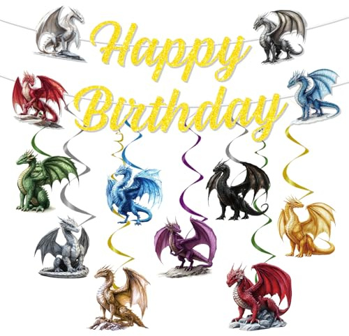 Drachen Geburtstag Deko, Happy Birthday Girlande Banner und Drachen Hängedeko, Drache Themen Party Geburtstag Dekorationen für Frau Mann