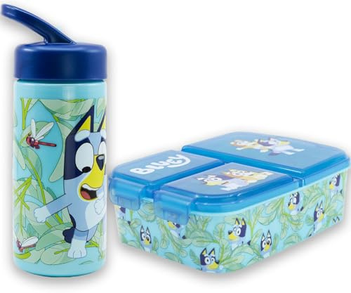 MARUKATSU Bluey Set Sandwichera Infantil con Compartimentos y Botella 410ml para Niños y Niñas | Fiambrera Escolar + Botella Reutilizable |