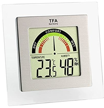 TFA Dostmann Digitales Thermo-Hygrometer, farbige Komfortzonen, gesundes Raumklima, Innentemperatur, Luftfeuchtigkeit Silber/Transparent L 88 x B 17 (41) x H 87 mm