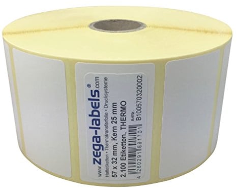 Thermo Etiketten auf Rolle - 57 x 32 mm - 2.100 Stück je Rolle - Kern: 25 mm - aussen gewickelt - permanent haftend - Druckverfahren: Thermodirekt (Drucken ohne Farbband)