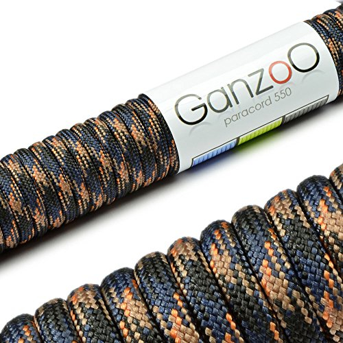 Ganzoo Paracord 550 Seil, Nylon-Polyester, 4mm, Typ 3, 30 Meter, 7 Kernstränge, Outdoor-Schnur, Allzweck-Seil, Hundehalsband, Hundeleine, Armband knüpfen, Camping, Survival - Camouflage schwarz