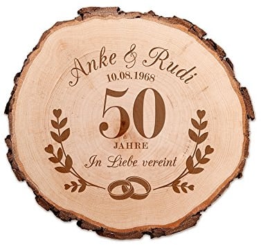 Casa Vivente Baumscheibe mit Gravur zur Goldenen Hochzeit, Personalisiert mit Namen und Datum, Aus Echtholz, Türschild und Wand-Deko, Geschenkidee für Paare zum 50. Hochzeitstag