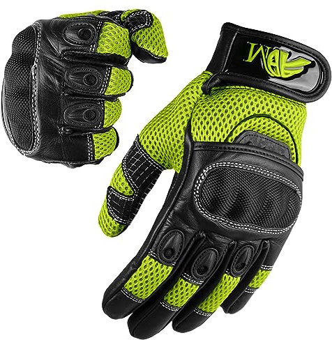 ADM Gants Moto Femme Homologués CE Cuir Été Hiver Mi-Saison Gants Scooter Femme CE Noir & Vert Fluo. Tactiles Souples Respirants Taille XS S M L (Réf. 9001 LDY)