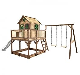 AXI Spielhaus Liam mit Sandkasten, Doppelschaukel & weißer Rutsche | Stelzenhaus XXL in Braun & Grün aus FSC Holz für Kinder | Spielturm mit Wellenrutsche für den Garten