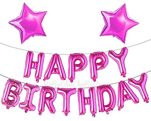 Banner a palloncino con scritta Happy Birthday, autogonfiato, rosa, 40,6 cm, lettere e 2 confezioni da 45,7 cm, con stelle rosa, per ragazze e donne, decorazioni per feste di compleanno