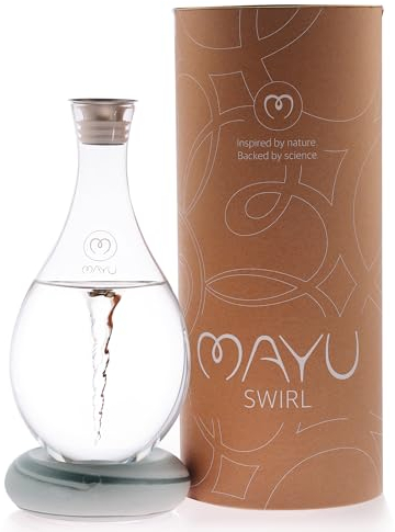 MAYU Swirl Structured Water Carafe - Innovative Vortex Technology Handblown Pitcher. Post Reverse Osmosis Filter Aerating Water Dispenser Stand 1.5 Liter| 51Oz Dining Glass Jug Design (Graystone Base)