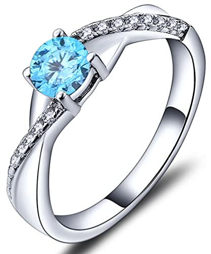 YL Verlobungsring Ehering 925 Sterling Silber mit 5MM Aquamarinblau Zirkonia März Geburtsstein Unendlichkeit Ring Solitärring für Damen（Größe 54）