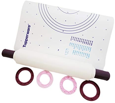 Tupperware Backen SET (6) Profi-Teigrolle Brombeere + Back'n'Roll Teigunterlage Blau + Fix&Fertig Ausstechformen Brombeere Sonderfarbe