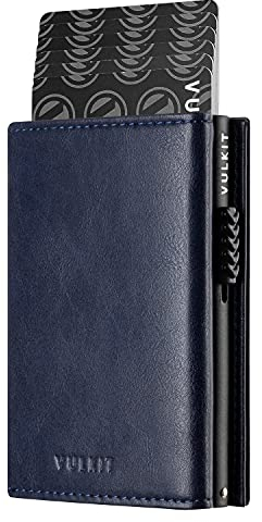 VULKIT Porte Cartes Crédit Bloquant RFID Portefeuille de Cartes Pop Up en Cuir Véritable avec Compartiment pour Billets de Banque, Fenêtre d'Identification, Poche à Monnaie et Fermeture Magnétique