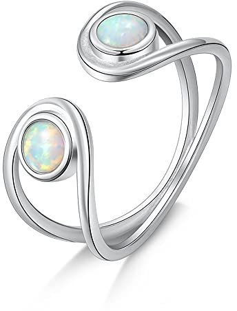 LOKILOKI Frauen 925 Sterling Silber Ring Weißer Opal Stein Doppelschicht Offener Ring Hohl Verdrehter Weiblicher Fingerring Silber 925 Schmuck