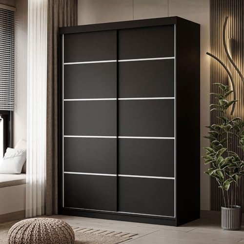 lukmebel Kleiderschrank mit Schiebetüren Camaro Plus 150x59x215 cm Schrank Schwarz - Schlafzimmer Möbel - Aluminiumgriffe - Mehrzweckschrank - Flurgarderobe - Kleiderstange Schrank