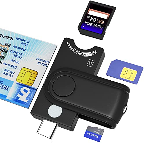 4-in-1 Chipkartenlesegerät USB C Plug-and-Play, SIM Kartenleser, SDHC/SDXC/SD/Micro SD Kartenleser, SmartCard Reader USB C für DOD Military USB Common Access CAC/SIM/ID/Bank,für Windows/Vista
