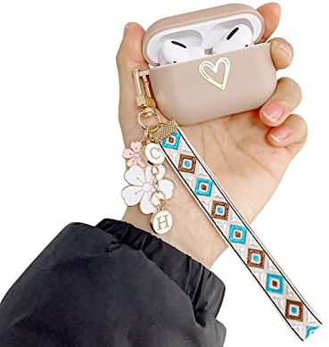 Ownest Kompatibel mit Airpods Pro 2 Hülle Silikon Aesthetic Girls Case Golden Love Herz Muster mit Schlüsselanhänger Mädchen Frau Cute AirPods Hülle -Braun