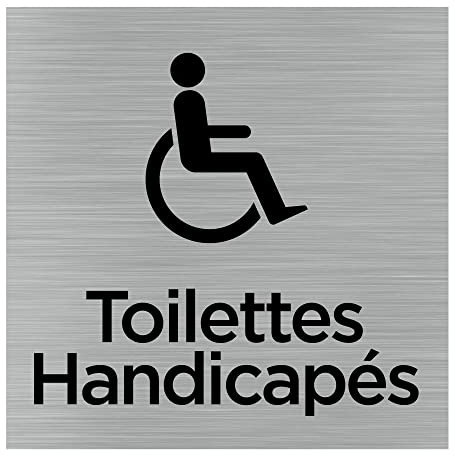 Pictogramme Toilettes Handicapés (Q1050). Signalisation Porte 150 x 150 mm. Autocollant souple ou plaque alu brossé 2 mm ep. - Adhésif aspect aluminium brossé - Adhésif aspect aluminium brossé -
