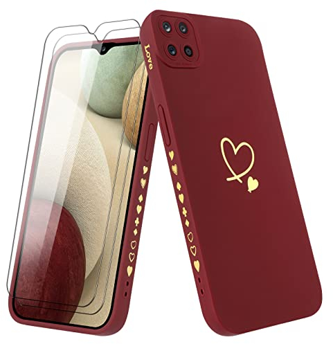 Vauki Coque pour Samsung Galaxy A12/M12/A12 Nacho avec 2 Pièces Verre Trempé, Etui Fille avec Or Motif Coeur Souple TPU Silicone Antichoc Anti-Rayures Housse Compatible avec Samsung A12, Bordeaux