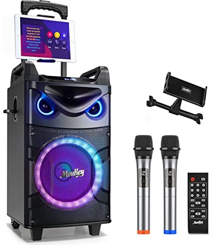 Moukey Karaoke Machine,10 Inch Subwoofer PA System,Bluetooth Speaker with 2 Wireless Microphones,Tablet Holder,Disco Lights,Remote,Wheels,Supports Bass/Treble Adjustment,TWS/REC/AUX/MP3/USB/FM/TF